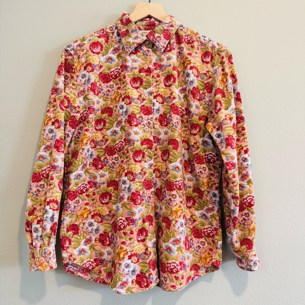 Lemon Grass Floral Button-Up Shirt Soft Corduroy Cottagecore S